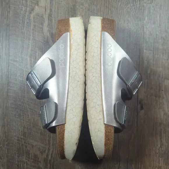 Papillio Birkenstock Silver Metallic Arizona Platform Sandals Womens Sz 8 EU 39 - Picture 10 of 13